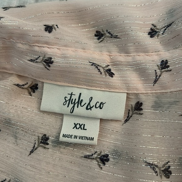 Style & Co XXL baby pink semi share button down Boho floral metallic blouse​​​ - Picture 12 of 14